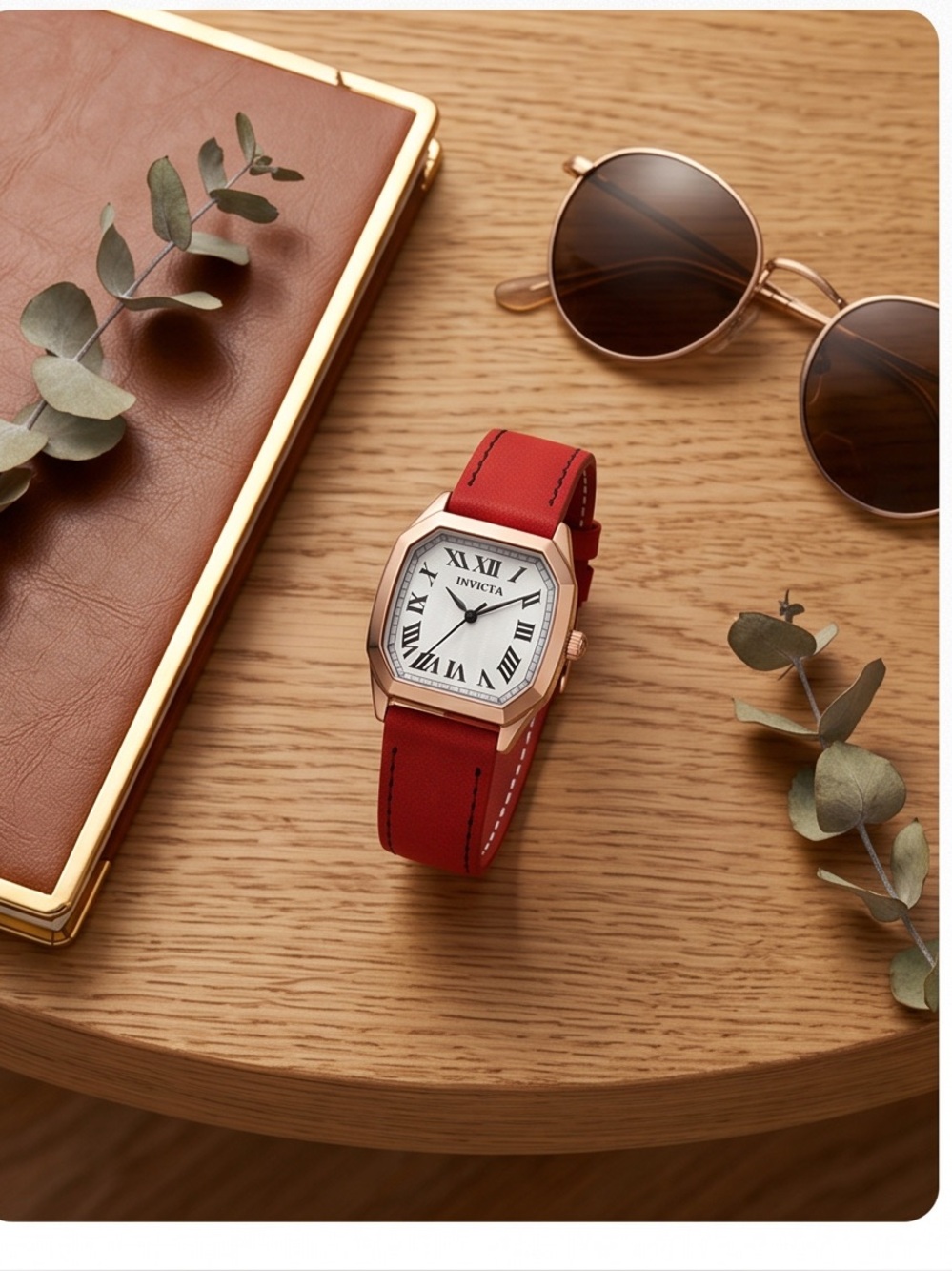 Invicta Gold Tone Case Red Leather Strap Women's Watch